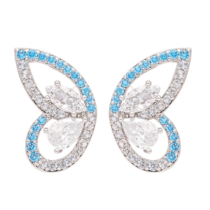 Exquisite butterfly stud earrings with blue and white zircons in a minimalist style