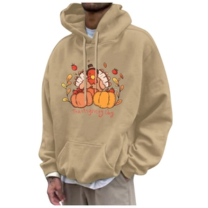 Khaki drawstring hoodie with Thanksgiving turkey and pumpkin print for men and women