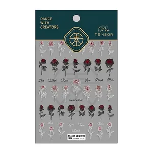 Stickers à ongles 5D motif rose avec texture en relief et détails artistiques