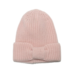 Pink chunky knit beanie for kids featuring a decorative bow in a soft pastel finish
