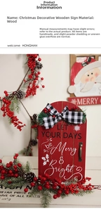 Close-up of Christmas wooden sign with Merry & Bright text and pine needle bow detail