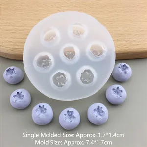 Macro detail of a 7-cavity blueberry silicone mold with molded fruits and size indicators