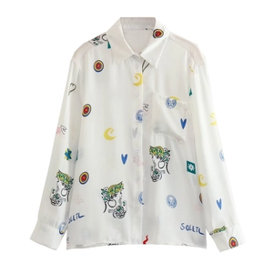 Chemisier blanc pour femmes à manches lanterne avec imprimé graffiti soleil et lune