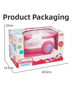 Detailed view of kids vacuum cleaner toy set in packaging box with product dimensions