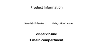 Detailed spec sheet showing polyester fabric, canvas lining, and zipper closure for the pencil case
