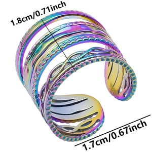 Macro detail of rainbow stainless steel layered ring with precise size measurements