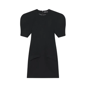 Women Solid Color Mini Dress Short Puff Sleeve Round Neck Pocket Flaps Back Zipper Elegant Polyester Fashion Summer