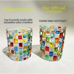 Detailed macro view of hand-painted colorful mosaic pattern on woven crystal glass