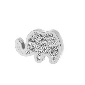 Detailed view of silver elephant charm with sparkling pavé crystals on white backdrop