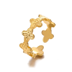 18K goud vergulde gehamerde open ring met geometrisch bloemmotief voor dames