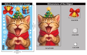 Detailed size specifications for Christmas cat and snowflake static window stickers