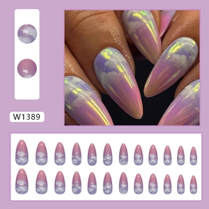 Almond gradient cloud press-on nails with purple aurora laser finish set of 24 pieces