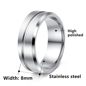 Polished 8mm stainless steel ring with brushed texture and silver center groove