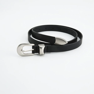 Minimalist black leather belt with matte silver buckle and metal tip on white background
