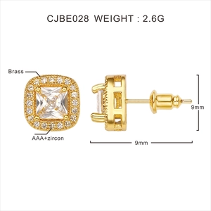 Detail showing 9mm brass earrings with AAA zircon square halo setting and measurements
