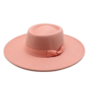Classic coral pink wide brim wool fedora hat with matching ribbon bow for men and women