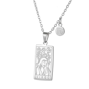 Detailed macro view of Virgo tarot rectangular pendant with zodiac symbol on steel chain