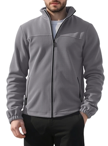 Detail of grey heavy fleece jacket featuring a full-zip stand collar and textured fabric