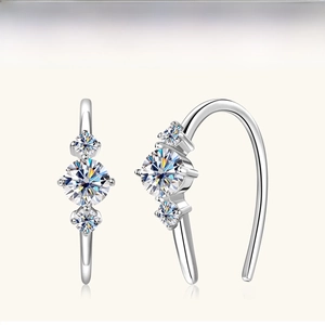 Detail view of S925 sterling silver hook earrings featuring three moissanite stones
