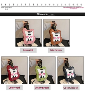 Detailed view of guitar-shaped punk bags in five colors with star rivets and 20cm scale