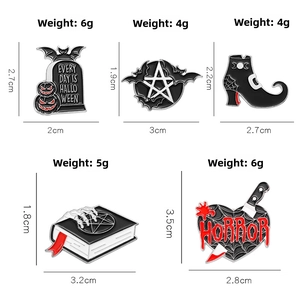 Set of five Halloween enamel pins featuring a tombstone, witch boot, and horror themes