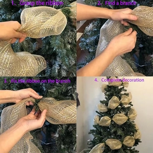 Step-by-step guide for decorating a Christmas tree with golden mesh mesh ribbon bows