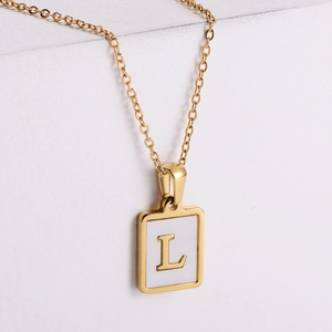 18k gold plated square pendant necklace with white shell and raised letter L