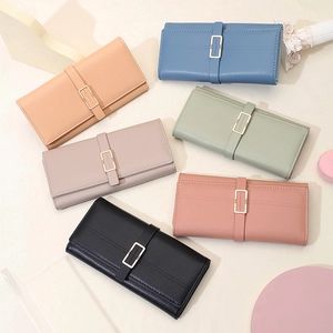Long PU leather wallets for women in six soft colors with minimalist square metal buckle