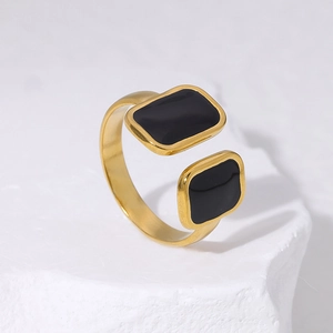 Modern 18K gold-plated stainless steel open ring with dual black enamel rectangles
