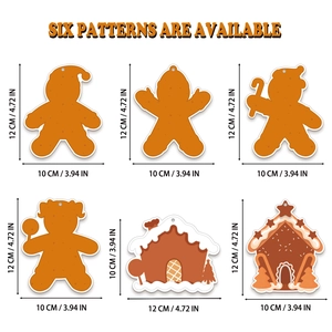 Size specifications for six gingerbread house designs with dimensions in cm and inches