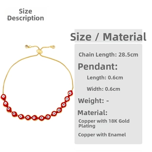 Detail of evil eye bracelet showing 28.5cm adjustable chain and 0.6cm red enamel charm
