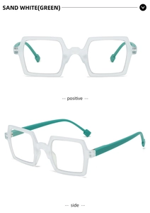 Front and side view of square frame reading glasses in sand white and green finish