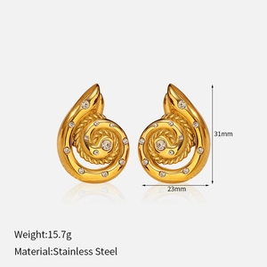 Detail view of 18k gold plated spiral earrings with crystal inlay and size dimensions