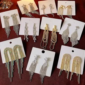 Alloy Rhinestone Tassel Earrings With Silver Earring Post Long Sparkling Geometric Chic Jewelry For Women