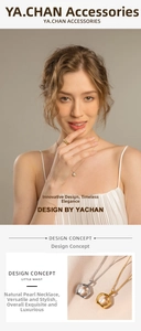 Detailed view of irregular 18k gold plated necklace with geometric pearl pendant on model