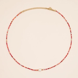 Bohemian rainbow beaded necklace with a central pearl and adjustable gold chain