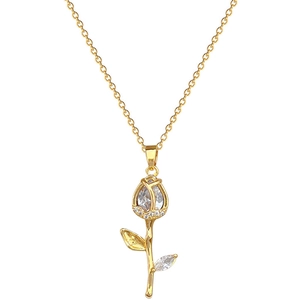 Tulip zircon pendant necklace in gold-plated stainless steel on a white background