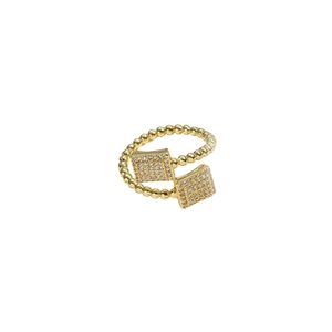 14K gold plated layered crossover open ring with beaded band and CZ pave square detail