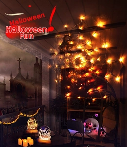 Macro shot of Halloween spider web LED string lights with skull and pumpkin decor