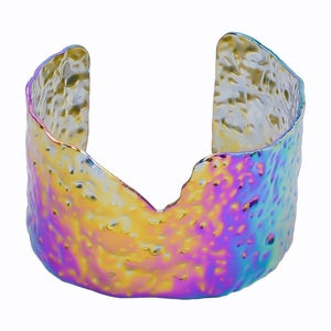 Iridescent hammered texture 18k gold plated stainless steel open bangle for women