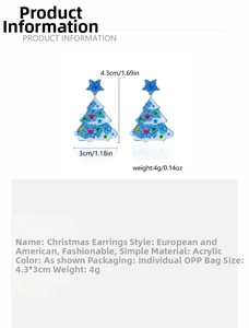 Detail view of acrylic Christmas tree earrings with blue glitter and star top decoration