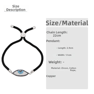 Detailed size specifications for evil eye woven bracelet with blue zircon dimensions