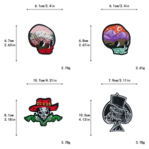 Detailed size specifications for Halloween skull embroidered patches with dimensions and weight