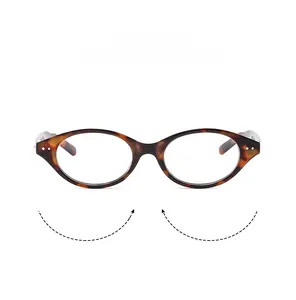 Detailed view of tortoiseshell oval eyeglass frames with silver rivet accents and clear lenses