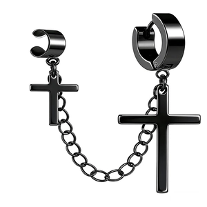 Cool black stainless steel cross earring set with hoop ear cuff and connecting chain