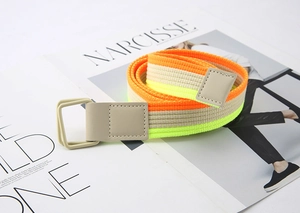 Detail of striped woven canvas belt with double D-rings and faux leather finish