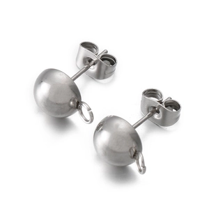 Close-up of silver-tone stainless steel semi-circle stud earrings with loops and backs