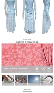 Close-up of light blue lace fabric texture with breathable hollow patterns and care icons