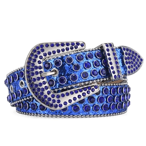 Y2K punk style blue leather belt with sparkling rhinestones and silver metal rivets