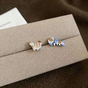 Asymmetric Cat And Fishbone Stud Earrings With 925 Sterling Silver Earring Post Cartoon Animal Enamel Jewelry For Women
